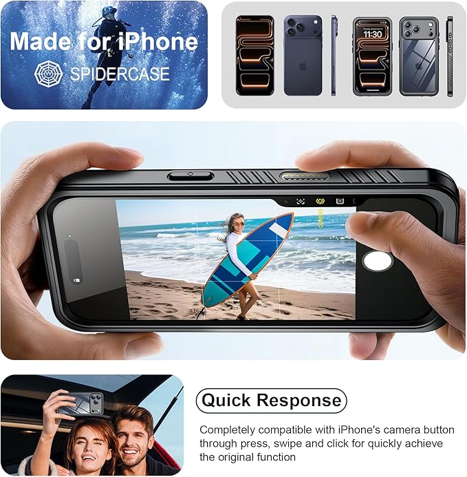SPIDERCASE for iPhone 17 Pro Max Case Waterproof, Built-in Lens & Screen Protector, Full Heavy Duty Protection, 12FT Military Shockproof, Dustproof, Anti-Scratched Phone Case,Black/Clear