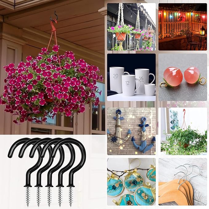 Cup Screw Hooks,1-1/2 inch Vinyl Coated Ceiling 45 Pack Screw in Hooks Plant Hanger Kitchen Cup Hooks Great for Hanging Indoor & Outdoor Use(Black)