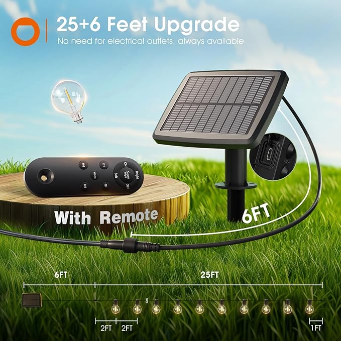 addlon 31FT (25+6) Solar String Lights with Remote, 13 Shatterproof G40 Bulbs, Solar Powered & USB Charging Patio Lights, Dimmable Waterproof Solar Light Outdoor for Camping Porch Backyard Party Decor