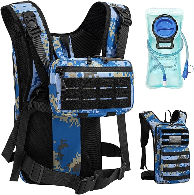 Koculemi Tactical Hydration Backpack with 2L Water Bladder and Front Small Tactical Pouch, Outdoor Water Backpack for Men Women, Sports Hydration Pack for Hiking, Cycling, Climbing