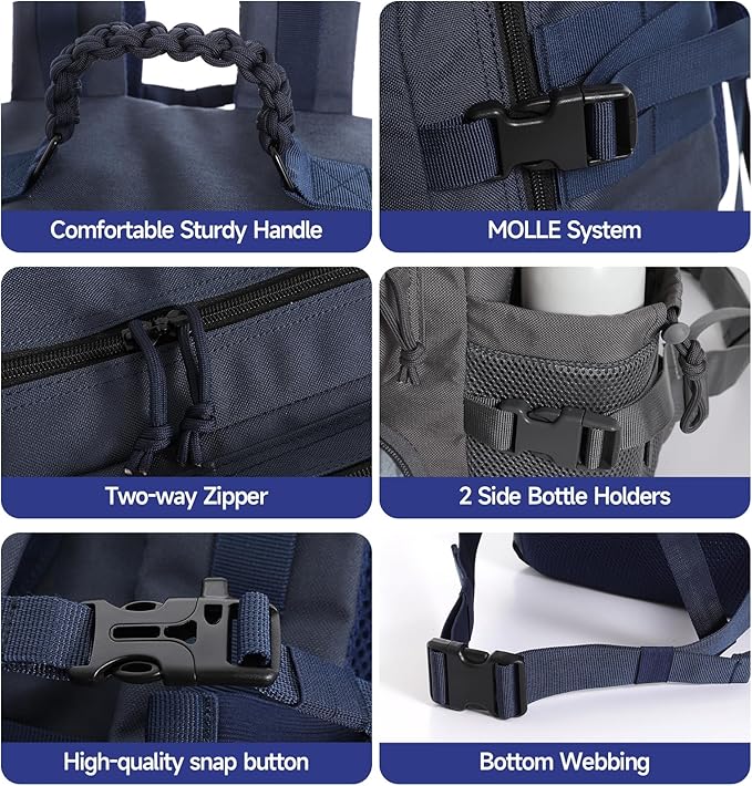 Tactical Backpack for Men, Military Backpack with Shoe Compartment, Travel Hiking Hunting Gear Bag with Molle System, Blue