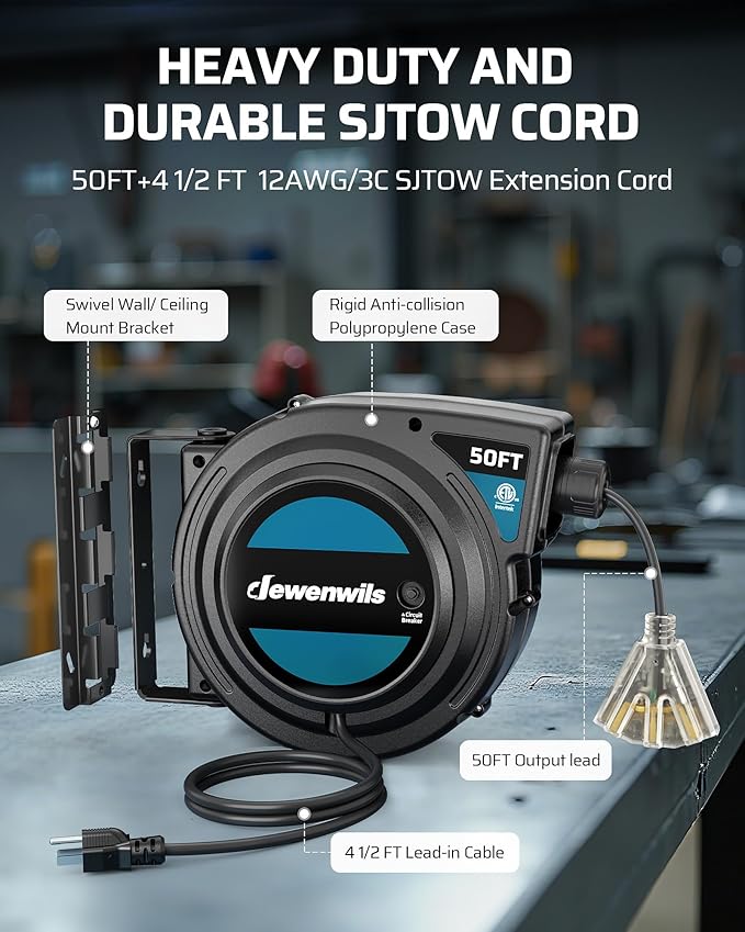 DEWENWILS Extension Cord Reel with Twist-lock Stopper, Brighter Triple Tap Outlet Heavy Duty Power Retractable Cord Reel, 180° Swivel Bracket for Ceiling or Wall Mount, ETL Listed, Black