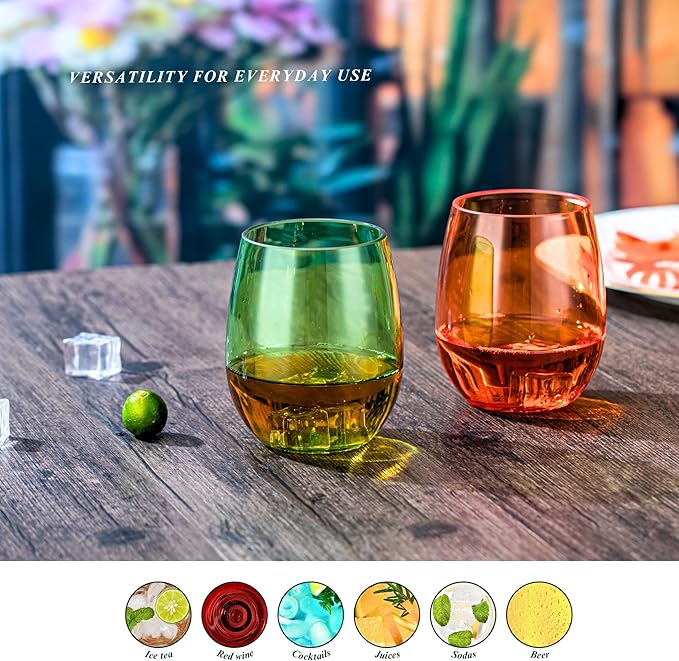 18oz Colorful Stemless Wines Cups, Shatter-Proof Acrylic Glasses Drinkware, Reusable Plastic Bar Glasses, BPA-Free, Dishwasher-Safe