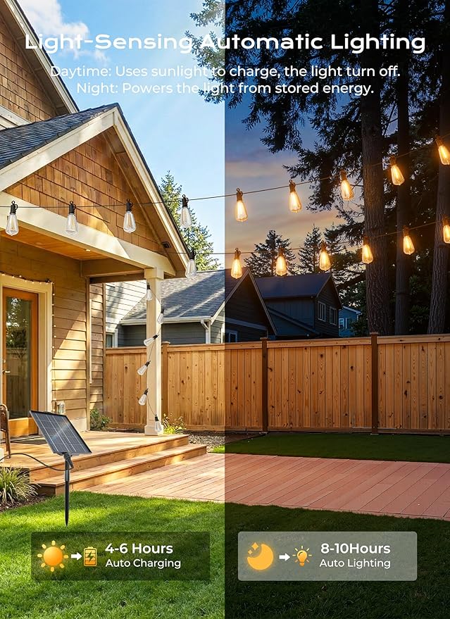 Brightown 108FT Solar String Lights Outdoor Waterproof, Patio Lights with Remote and 50+2 LED Shatterproof Bulbs, Dimmable & Timable, 3 Light Modes, Solar Lights Outdoor for Yard Garden Camping Party