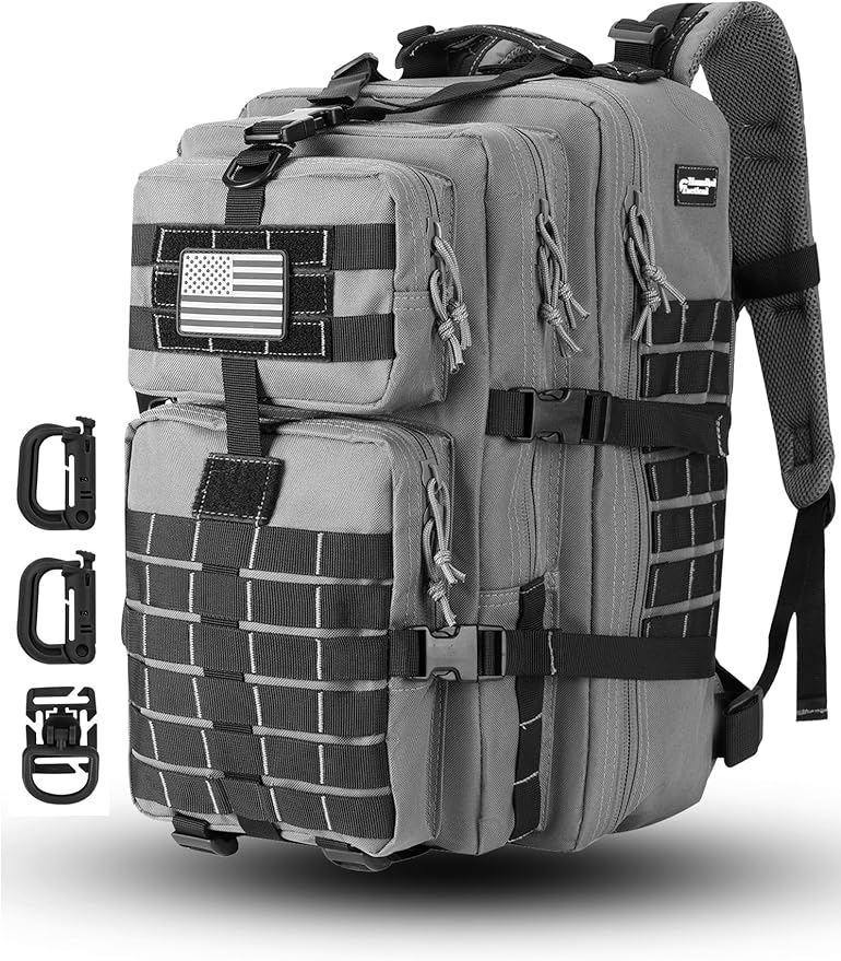 Hannibal Tactical MOLLE Assault Backpack, Tactical Backpack Military Army Camping Rucksack, 3-Day Pack Trip w/USA Flag Patch, D-Rings Grey and Black