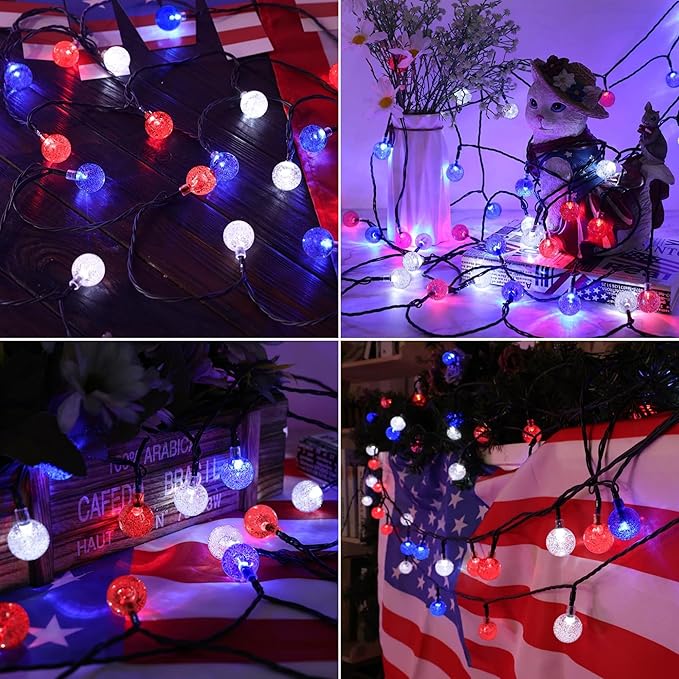 Joomer 4th of July Red White Blue Solar String Lights,39FT 60LED Waterproof with 8 Lighting Modes Patio Lights for Independence Day Garden Yard Gazebo Party