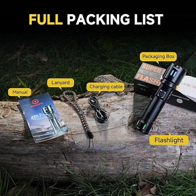 Esgofo Rechargeable Flashlights High Lumens 100000, Single Click Button Design, Super Bright 30W LED, Long Lasting 15H, USB C Input & Output, LCD Power Display, 6.69” Length, for Camping Hiking Home