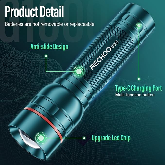 RECHOO Rechargeable Flashlight 1 Pack, Bright Military Grade Torch Light High Lumens with Adjustable Focus & 3 Lighting Modes, Lightweight Waterproof Led Flashlight for Camping Home, Teal Blue