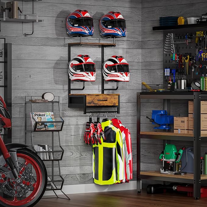 Motorcycle Helmet Holder Wall Mount, Helmet Rack with 4 Glove Clips, Motorcycle Gear Rack Storage, Motorcycle Accessories Organizer for Entryway or Garage