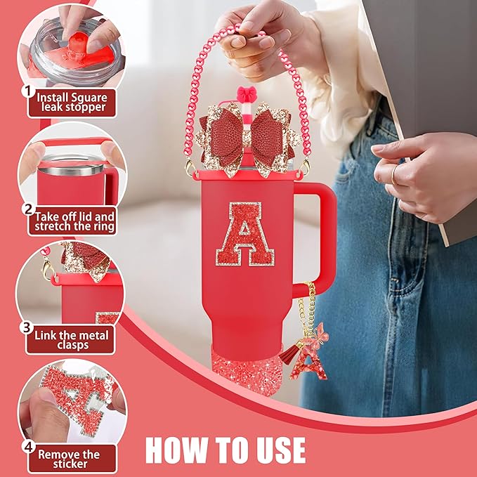 9PCS Red for Stanley Cup Accessories Set Bling Initials Bow Charms for Stanley Decorations 30/40 Oz Tumbler Accessories Including Bow Straw Topper, Handle Strap, Spill Stopper（Letter A）