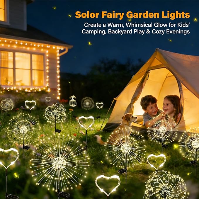 Solar Garden Lights Outdoor Decor Waterproof, 4Pack 120LED Firework Lights for Garden Decorative, Fairy Lights Solar Powered for Yard, Patio,Pathway,Flowerbed,Planter,Party(Warm White)
