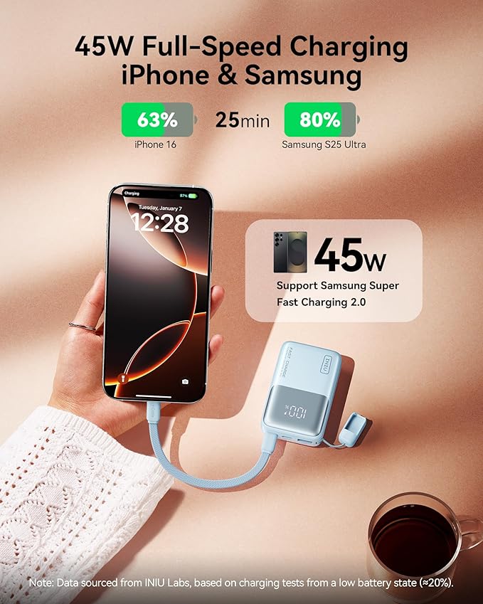 INIU Pocket Size Portable Charger, Ultra Small 10000mAh 45W PD Power Bank, Fast Charging Battery Pack, Travel Essentials Powerbank for iPhone 17 16 Pro Air, Xiaomi 17 Pro Max 16 15 14, Samsung S24 etc