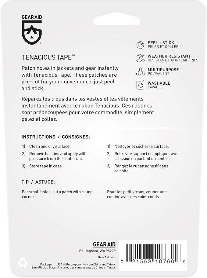 GEAR AID Tenacious Tape Mini Patches with Peel-and-Stick Adhesive to Fix Holes and Tears in Winter Gear, Down Puffer Jackets, Sleeping Bags, Tents, and Rain Gear, Clear, 2 Pack