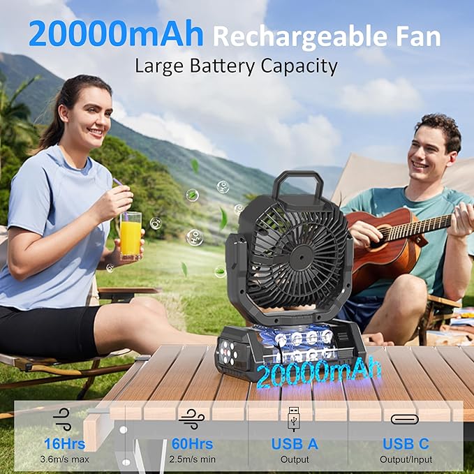 Portable Fan Rechargeable, 20000mAh Cordless Battery Powered Camping Fan with LED Light & Remote, 4 Speeds Wind, Timer, USB C, Hanging Hook, Oscillating Fans for Travel Tent, Camping Essentials