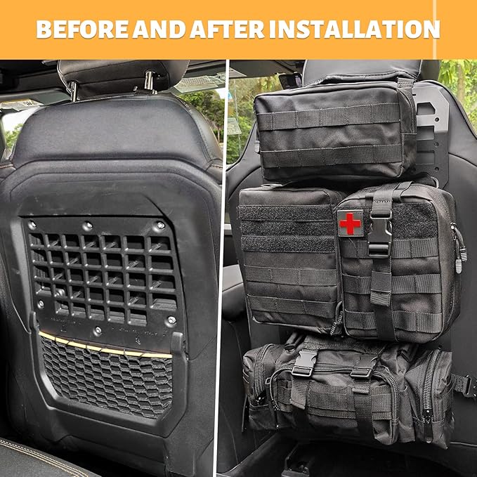 MAIKER 2pcs Tactical Seat Back Molle Panel Compatible with 2021-2025 Ford Bronco, Tactical Rigid Molle Aluminum Insert Panel with 4 Storage Bags and 10 Fastening Tape