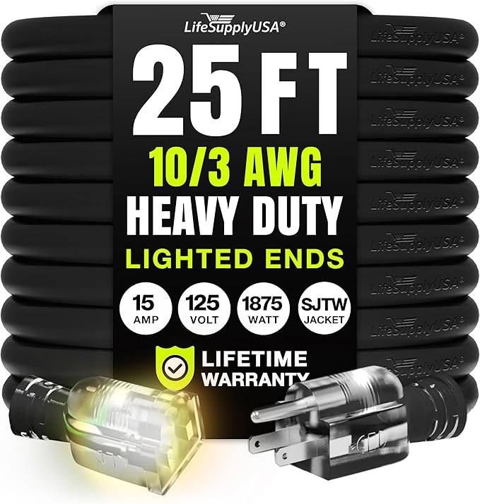25ft Outdoor/Indoor Extension Cord 10/3 Gauge Ultra Heavy Duty 3 Prong SJTW, Waterproof, Flexible Cold-Resistant Long Power Cord,15A 125V 1875W, Black by LifeSupplyUSA