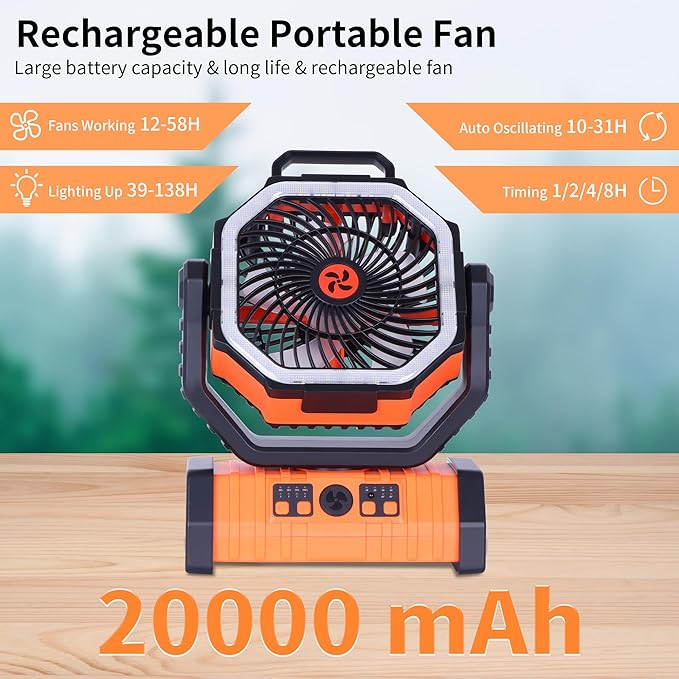 20000mAh Emergency Battery Powered Fan & LED Light, Battery Operated Rechargeable Fan for Power Outage, Car Defrosting, Indoor Use with 360° Oscillating & Hook, 8H Timer, Portable Camping Fan