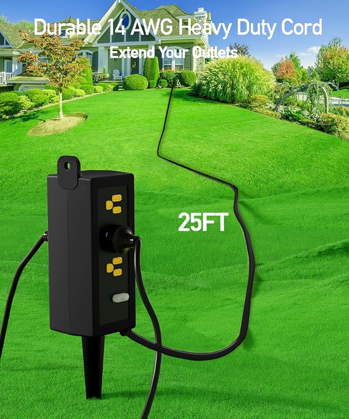 Outdoor Power Strip Weatherproof, ZZJ IP69 Grade Waterproof Surge Protector, 25 FT Outdoor Extension Cord with Stake, 6 AC Outlets,14 AWG Heavy Duty Cord for Outdoor Patio Garden-Black