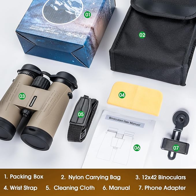 12x42 HD Binoculars for Adults High Powered Binoculars with Upgraded Phone Adapter Waterproof Compact Binocular with Low Light Night Vision for Bird Watching Hunting Outdoor Sports Concerts Mud