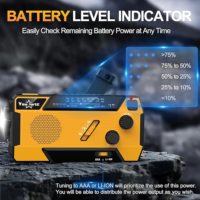 Hand Crank Emergency Radio 7400mWh (2000mAh) Solar Hand Crank Radio Built in 3 Charging Cables AM/FM/NOAA Weather Radio Battery Operated Hand Crank Charger for Emergency Supplies Survival Gear