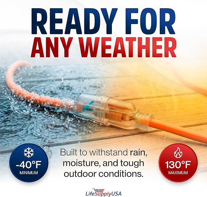3ft Outdoor/Indoor Extension Cord 10/3 Gauge Ultra Heavy Duty 3 Prong SJTW, Waterproof, Flexible Cold-Resistant Long Power Cord,15A 125V 1875W, Orange by LifeSupplyUSA