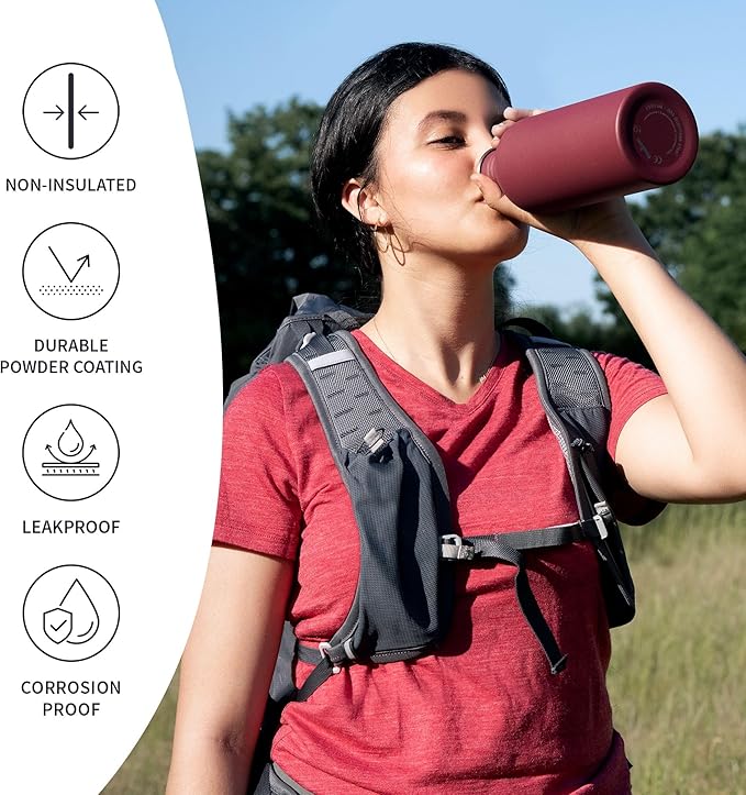 Bambaw 750 ml Metal Water Bottle, Red Sports Bottle, Non-Insulated Stainless Steel Bottle 750 ml, BPA-Free and Reusable – Cherry Red
