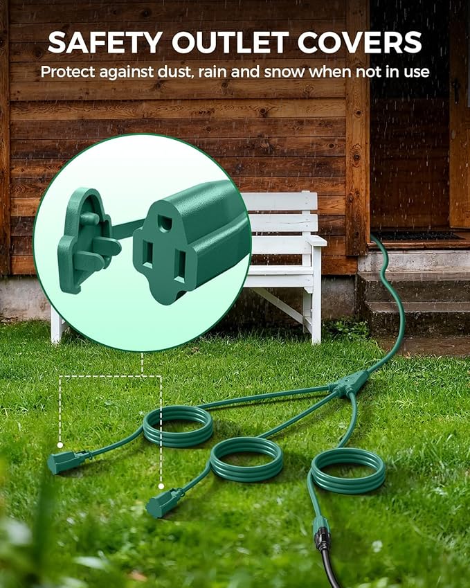 28 Ft Outdoor Power Cord, 1 to 3 Splitter Heavy Duty Weatherproof Extension Cord, 16/3 SJTW, 3 Grounded Outlets Flat Plug for Patio, Garden Displays, Lights, Green ﻿
