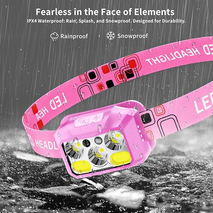 Headlamp Rechargeable LED, 800 Lumens with Red & White Light, 8 Modes, Motion Sensor, USB-C Charging, IPX4 Waterproof (1, Pink)