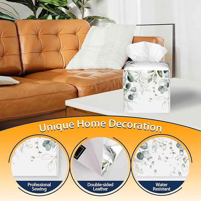Tissue Box Cover Square,Eucalyptus Leaves Leaf Tissue Box Holder Waterproof Leather Facial Paper Case Modern Home Decoration for Bedroom Dresser Night Stand Office Desk