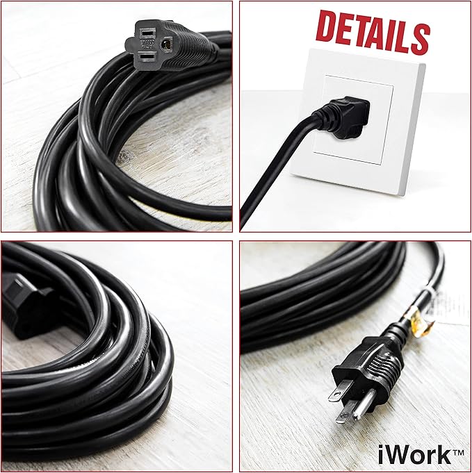 25 Ft Black Extension Cord 3 Prong, Weather-Resistant 16/3 SJTW, 1625 Watt, 13 AMP Rating with UL Listed for Indoor and Outdoor Uses