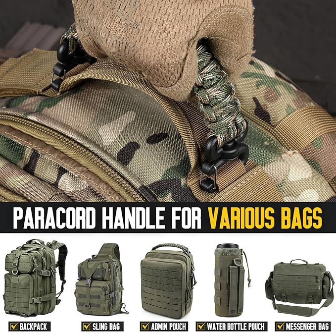 Tactical Paracord Handle，9-core Weaving Paracord Strap for Bag Strap Replacement，Molle Attachment with Metal/Plastic Clips for Backpack Sling Bags Water Bottle Holder