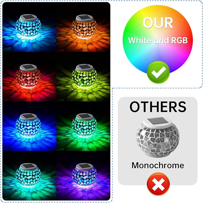 WSgift Color Changing Solar Powered Glass Mosaic Ball Led Garden Lights Rechargeable Outdoor Waterproof Solar Night Lights Table Lamps for Decorations Blue