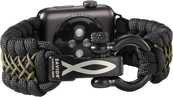 Savior Survival Gear Paracord Watch Band, Compatible with Apple Watch Band 49mm 46mm 45mm 44mm 42mm - iWatch Band Series Ultra 10 9 8 7 6 5 4 3 2 1 SE – Adjustable strap for men (Black - Green, Large)
