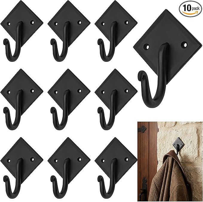 Mystic Colonial Rustic Cast Iron Wall Hooks, 3.6" Heavy Duty Coat Hooks for Coat, Bag, Towel, Hat & Robe, Mounting Hardware Included, Black, Pack of 10