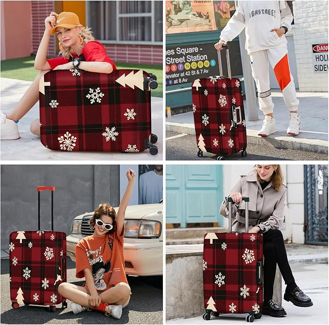ANNA QUEEN Christmas Plaid Luggage Cover, Red and Black Check Suitcase Protector with Snowflake and Tree Pattern, Stretchable Washable Travel Sleeve for 28-30 Inch Luggage