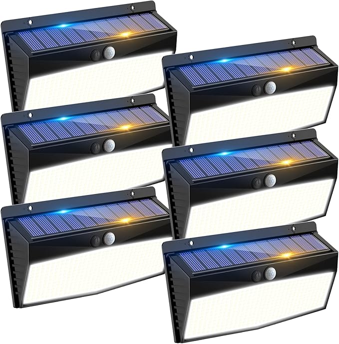 6 Pack 368 LED Solar Motion Sensor Lights Outdoor, Solar Fence Lights with 3 Lighting Modes, Solar Powered Security Lights Waterproof for Outside Yard Wall Garden Backyard Step Garage