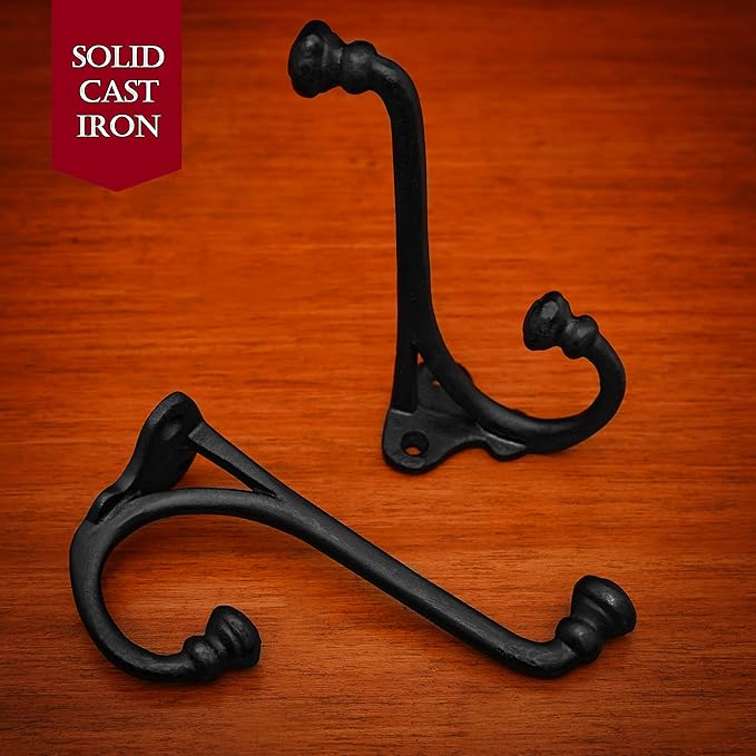 Mystic Colonial Rustic Cast Iron Wall Hooks Heavy Duty Retro Utility Hooks for Hanging Coat, Bag, Towel, Robe, Hat & More Decorative Wall Mount Hooks, Pack of 2, Black