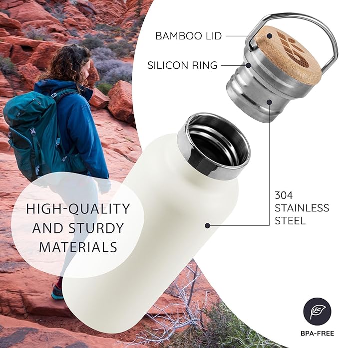 Bambaw Insulated Water Bottle 16 oz, Stainless Steel Water Bottle with Handle, Great for Travel & Hiking, Fits in Cup Holder, Made of High-Grade Stainless Steel (Polar White)