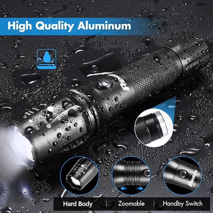 PHIXTON Rechargeable Flashlights High Lumens, USB C Chargeable LED Flashlight, Bright Strong Handheld Flash Lights, Long Lasting, Adjustable Focus, 5 Modes, for Emergencies Hiking Gift