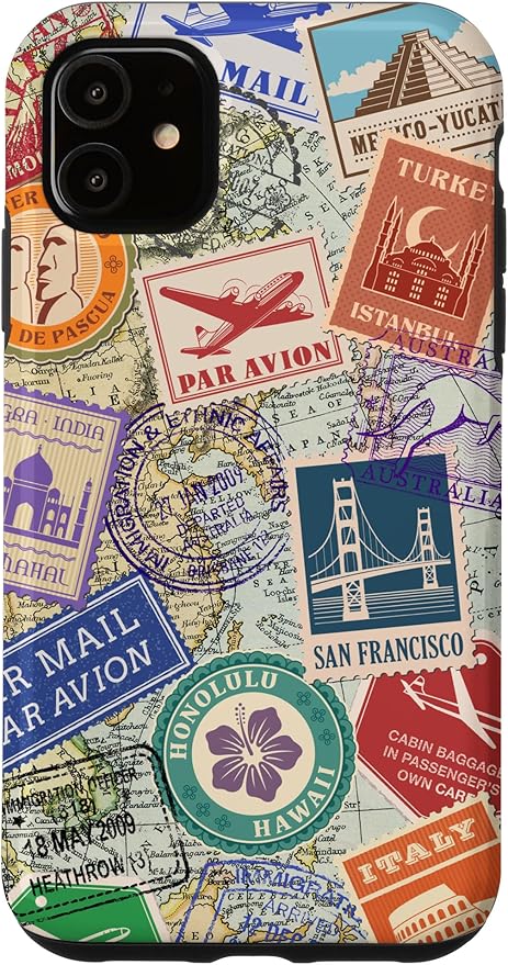 World Map Travel Passport Stamps Postage Stamp Case for iPhone 11