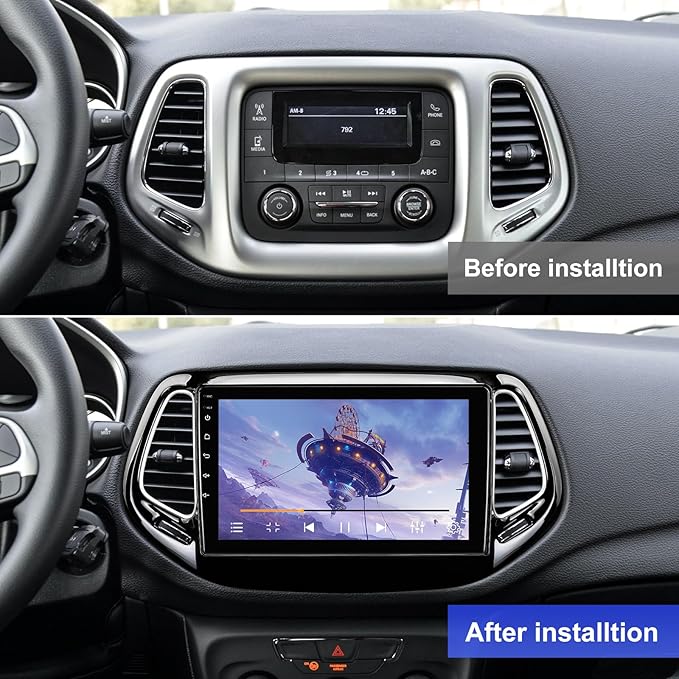 Android 14 Car Radio for 2+64G Jeep Compass/Patriot 2017-2019 10.1'' 1280 * 720 Touchscreen Car Stereo with Carplay Android Auto Backup Camera Mirror Link GPS Navigation WiFi 6 Bluetooth 5.4 FM SWC