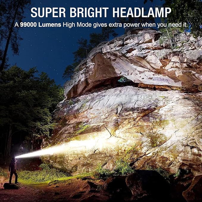 1Pack Rechargeable Headlamp Super Bright, 99000 Lumens LED Head Lamp with 3 Modes, 90°Angle & Adjustable Focus Head Lights for Forehead, IPX6 Waterproof HeadLamps for Adults Camping Hiking