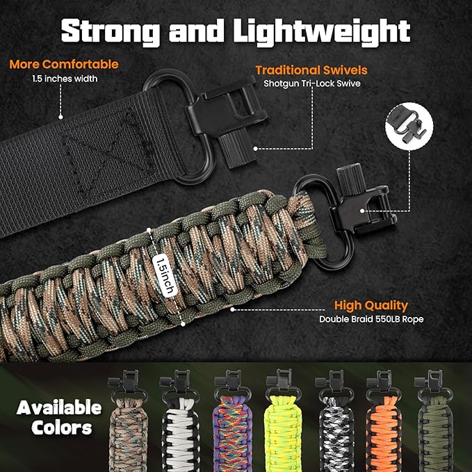 Double Braide 550LB Shotgun Sling 2 Point Paracord Rifle Sling,Non-Slip Traditional Adjustable Gun Sling for Hunting Shooting Camping