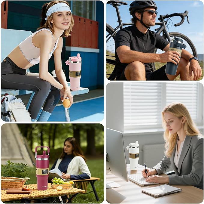 30oz Flip Straw Insulated Water Bottle with Handle, Leak Proof Stainless Steel Tumbler, Double Wall Vacuum Travel Coffee Mug for Cold Drinks, Gym Office Travel Essentials