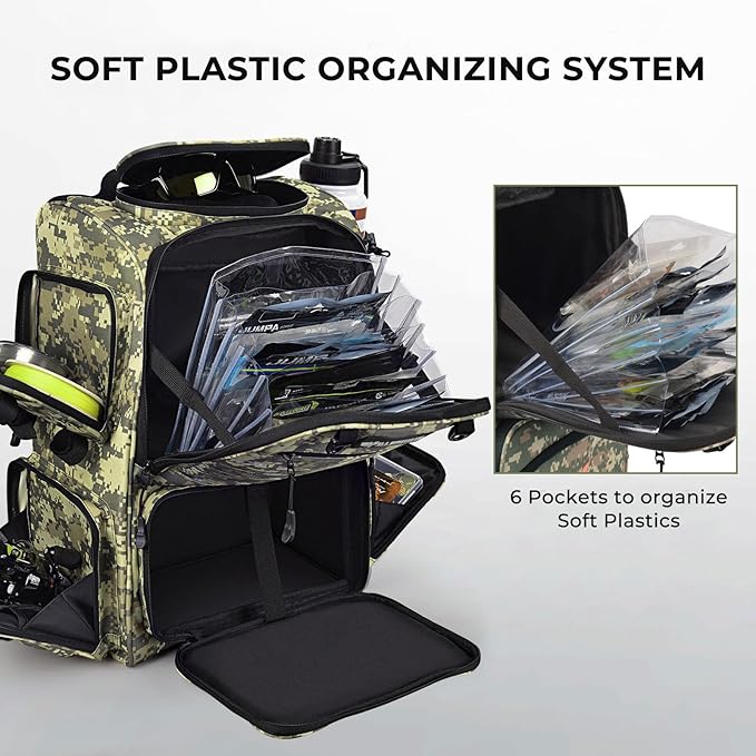 KastKing Bait Boss Fishing Tackle Backpack with Rod Holders-4 Tackle Boxes-Rain Cover,45/43L Large Storage for Fishing Gear