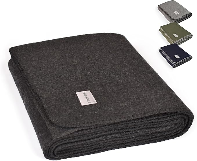 Military Style Wool Blanket – Cushioned, Breathable, Durable, Warm & Washable – Double-Stitched Border – Great for Camping, Outdoor, First Aid, Travel, Car – Fire Retardant – 64"x90" 4.7 lb (Charcoal)
