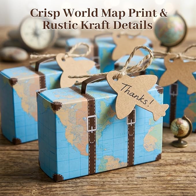 HONEYGIFTS 50 Piece Mini Suitcase Gift Boxes Party Favor Candy Boxes, Mini World Map Suitcase for Birthday Party/Wedding/Travel Themed Parties/Bride Shower Decoration, with Labels and Burlap Cloth