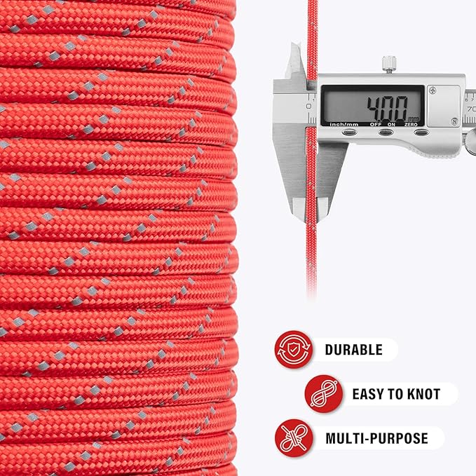 Reflective Paracord Rope 750 lb - 100ft 5/32" Parachute Cord 4MM 12-Strand para Cord - Heavy Duty Spool String for Survival,Camping Gear, Survival Bracelet, Clothesline - Red