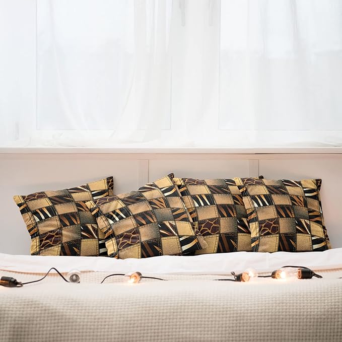 Ambesonne Safari Decorative Throw Pillow Case Pack of 4, Jeans Denim Patchwork in Safari Style Wilderness Design Art Print, Cushion Cover for Couch Living Room Car, 20", Brown Black