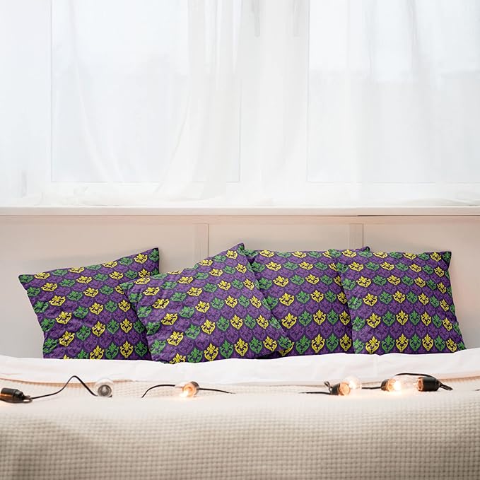 Ambesonne Mardi Gras Decorative Throw Pillow Case Pack of 4, Antique Old Fashioned Motifs in Mardi Gras Holiday Colors Tile Pattern, Cushion Cover for Couch Living Room Car, 18", Yellow Purple